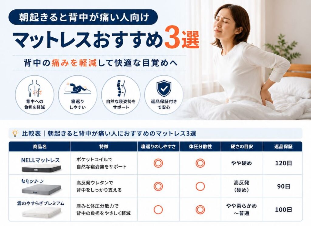 朝起きると背中が痛い人向けマットレスおすすめ3選を比較しているイメージ