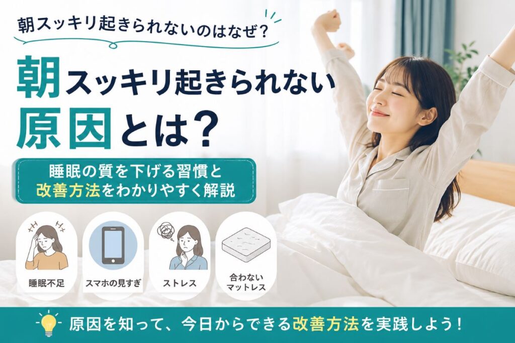 朝スッキリ起きられない原因と対策を解説するイメージ画像｜睡眠不足・ストレス・マットレスの影響