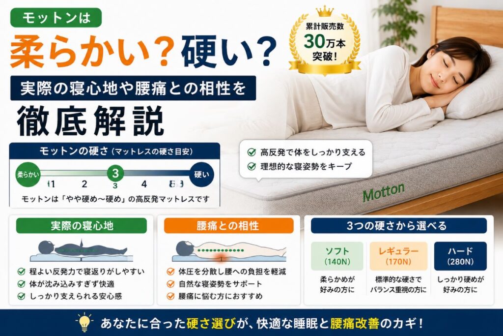 モットンは柔らかいのか硬いのかを解説した画像。高反発マットレスの寝心地や腰痛との相性、寝返りのしやすさをわかりやすく紹介