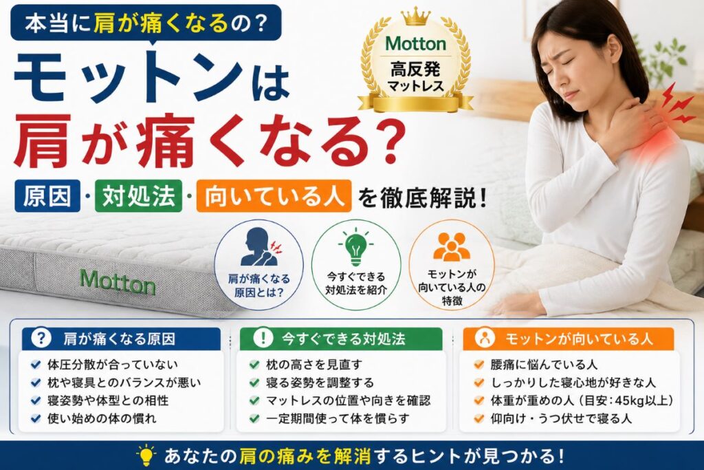モットンで肩が痛くなる原因を解説した画像。横向き寝・硬さ・体圧分散との関係や対処法をわかりやすく紹介