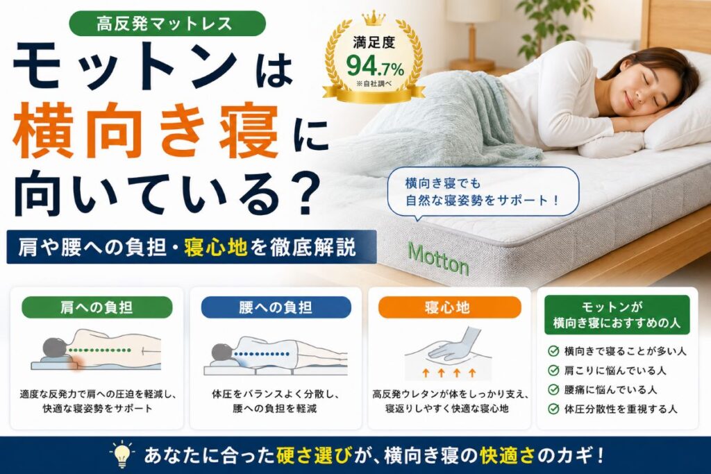 モットンは横向き寝に向いているのかを解説した画像。肩や腰への負担・寝返りのしやすさ・寝心地の特徴をわかりやすく紹介
