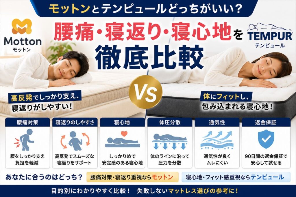 モットンとテンピュールを比較した画像。腰痛対策・寝返りのしやすさ・寝心地・体圧分散・耐久性の違いをわかりやすく解説