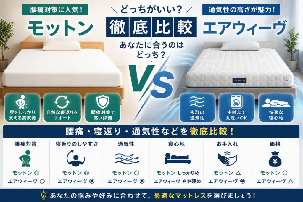 モットンとエアウィーヴを比較した画像。腰痛対策・寝返り・通気性・寝心地の違いをわかりやすく解説