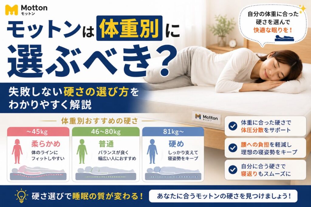 モットンは体重別に選ぶべきかを解説した画像。ソフト・レギュラー・ハードの違いや腰痛対策、寝返りのしやすさをわかりやすく紹介