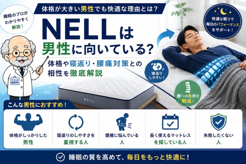 NELLは男性に向いているのかを体格や寝返り性能から解説するイメージ