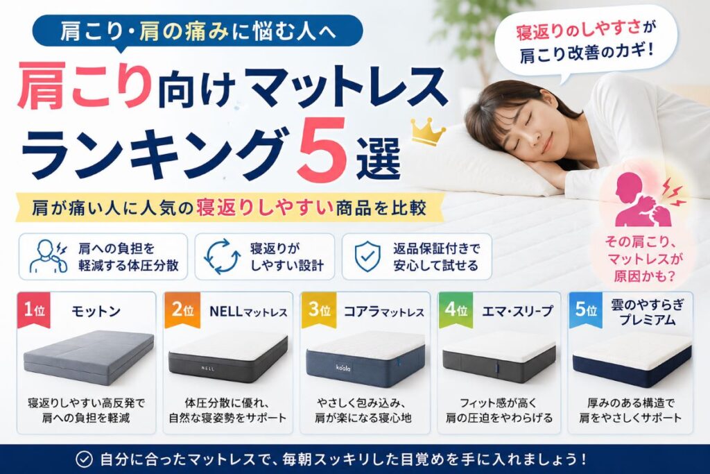 肩こり向けマットレスランキングおすすめ5選を比較し、肩への負担軽減や寝返りのしやすさを解説するイメージ画像