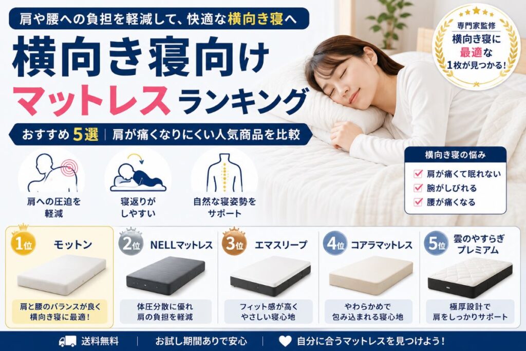 横向き寝向けマットレスランキングおすすめ5選を比較し、肩や腰への負担軽減や寝返りのしやすさを解説するイメージ画像