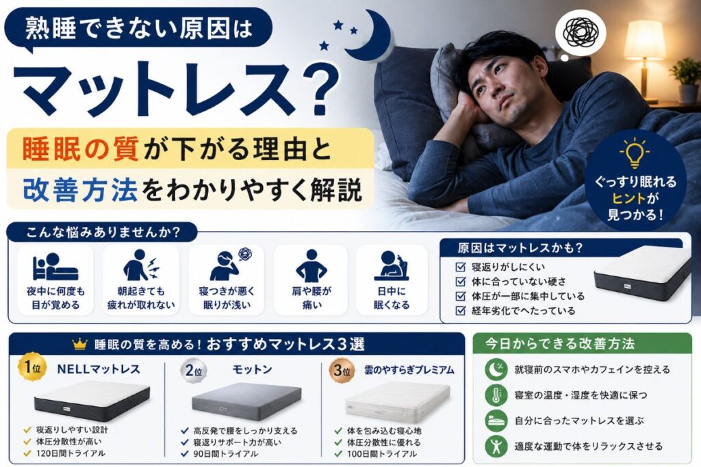 熟睡できず悩む男性と快適な睡眠をサポートするマットレスのイメージ