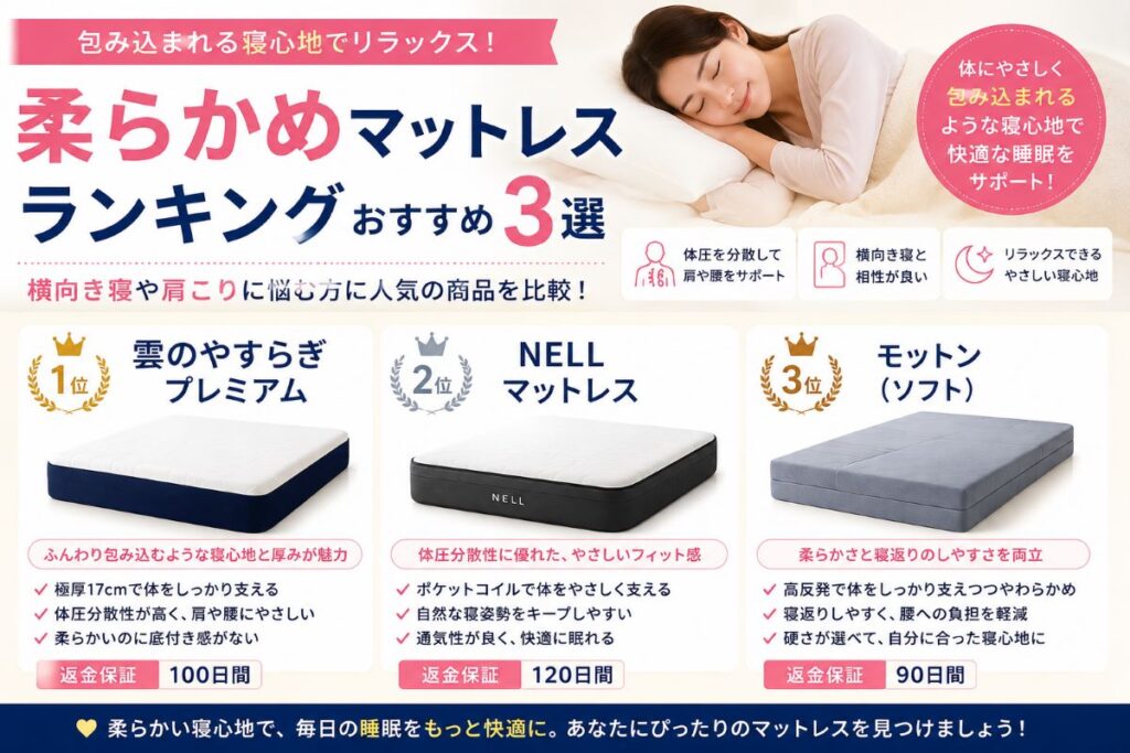 柔らかめマットレスランキングおすすめ3選を比較し、横向き寝や肩こり対策に人気の商品を解説するイメージ画像