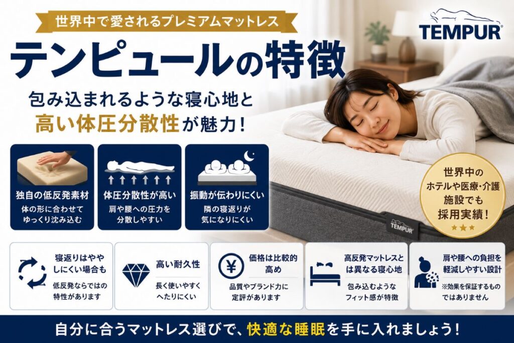 テンピュールの特徴を解説するイメージ。包み込まれるような寝心地や高い体圧分散性、低反発素材、耐久性を紹介したマットレスレビュー画像