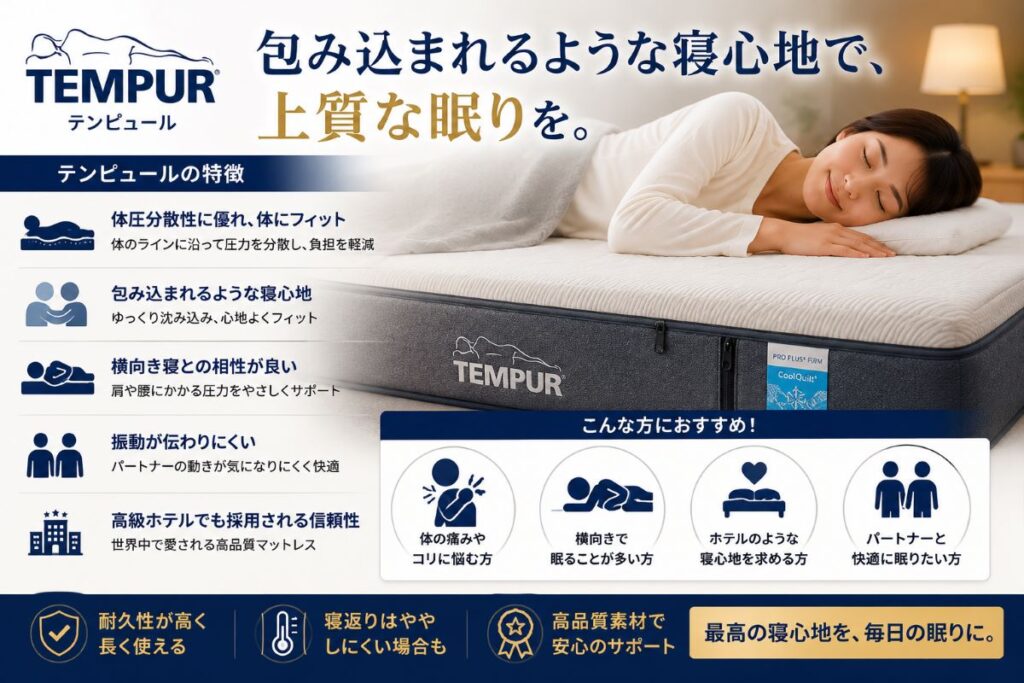 テンピュールマットレスの特徴を紹介する画像。体圧分散性・包み込まれる寝心地・横向き寝との相性・振動吸収性・耐久性の高さをわかりやすく解説