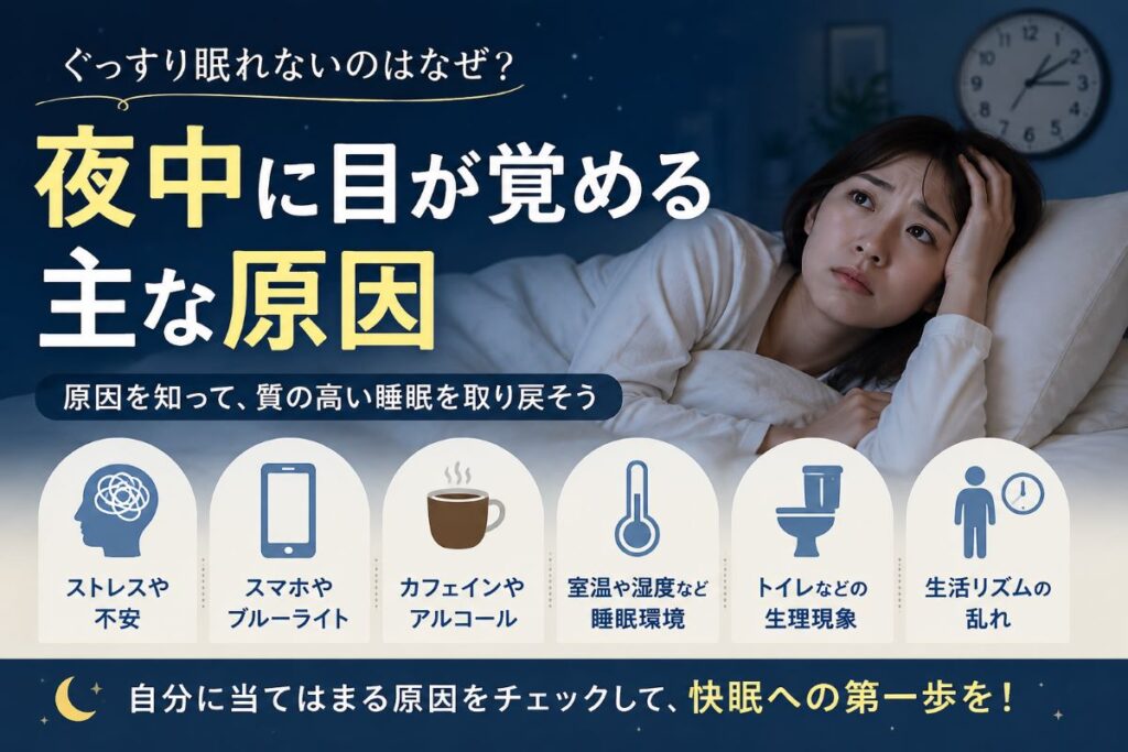 夜中に目が覚める主な原因を解説するイメージ画像｜ストレス・スマホ・カフェイン・睡眠環境・生活習慣の乱れ