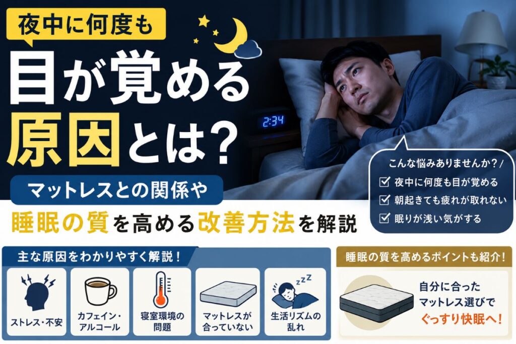 夜中に何度も目が覚めて悩む男性と快適なマットレスのイメージ