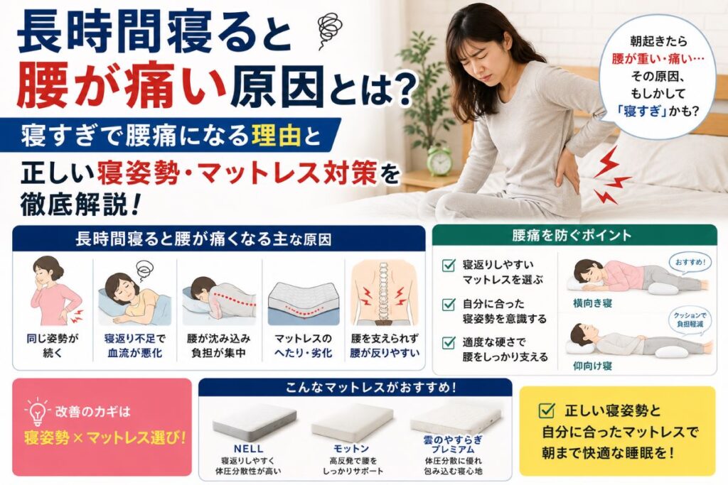 長時間寝ると腰が痛くなる原因や寝返り不足・マットレスとの関係をわかりやすく解説したイメージ画像