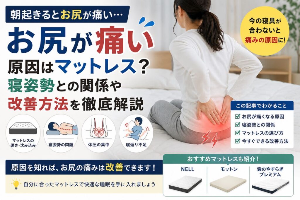 お尻が痛い原因はマットレス？寝姿勢との関係や改善方法を解説するアイキャッチ画像