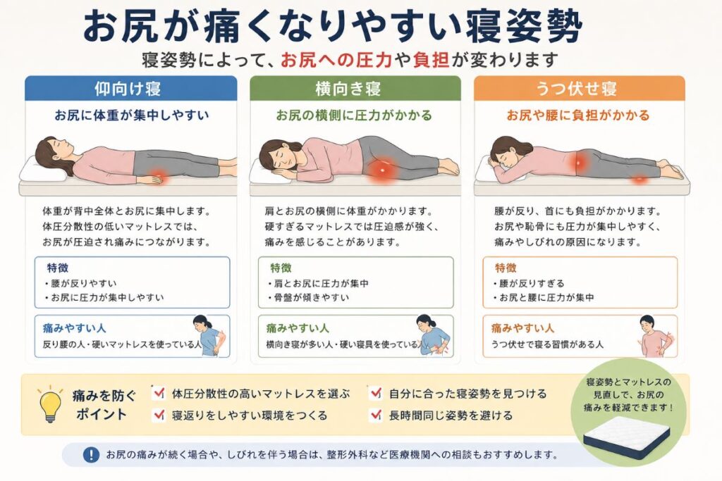 お尻が痛くなりやすい寝姿勢を比較し、仰向け寝・横向き寝・うつ伏せ寝のお尻への負担や改善ポイントを解説した画像