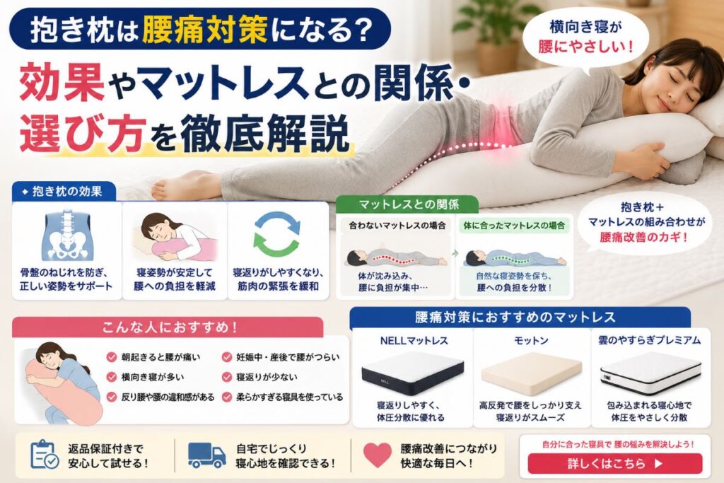 抱き枕は腰痛対策になる？効果やマットレスとの関係・選び方をわかりやすく解説したアイキャッチ画像