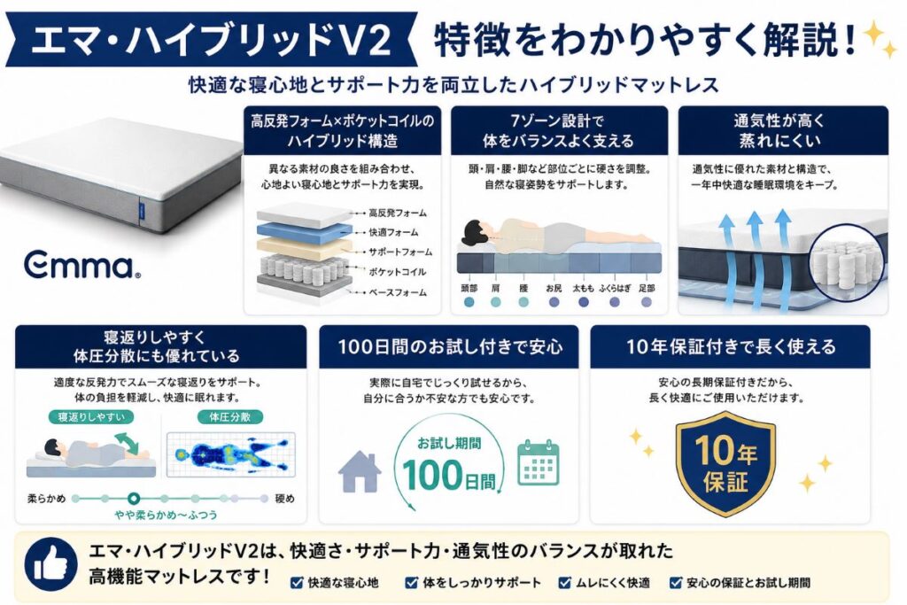 エマ・ハイブリッドV2の特徴をわかりやすく解説したイラスト。ハイブリッド構造・7ゾーン設計・体圧分散・寝返りのしやすさ・高い通気性・100日間のお試し・10年保証を紹介