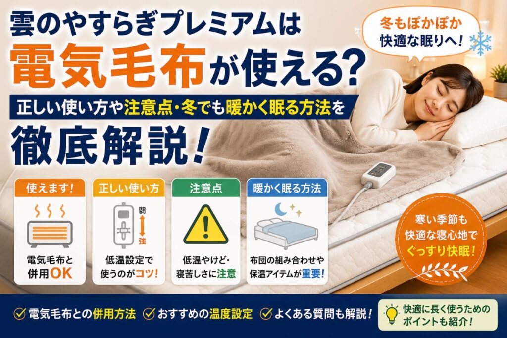雲のやすらぎプレミアムは電気毛布が使えるのかや正しい使い方と冬の寒さ対策を解説したイメージ