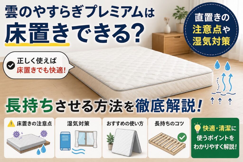 雲のやすらぎプレミアムは床置きできる？直置きの注意点や湿気対策を解説しているイメージ
