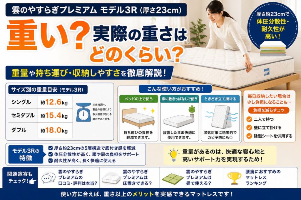 雲のやすらぎプレミアム モデル3Rの重量や持ち運び・収納方法をわかりやすく解説したイメージ