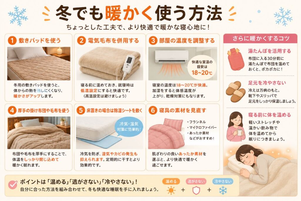 雲のやすらぎプレミアムを冬でも暖かく使う方法を紹介するイラスト。電気毛布や敷きパッド、毛布の使い方で寒さ対策を解説