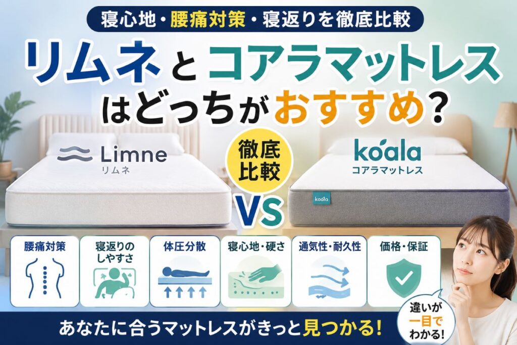 リムネとコアラマットレスの違いを寝心地・腰痛対策・寝返り・体圧分散で比較したイメージ画像