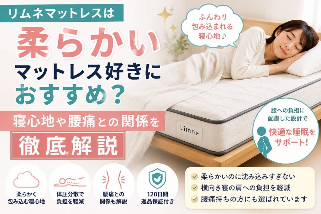 リムネマットレスは柔らかいマットレス好きにおすすめ？寝心地や腰痛との関係を徹底解説したアイキャッチ画像
