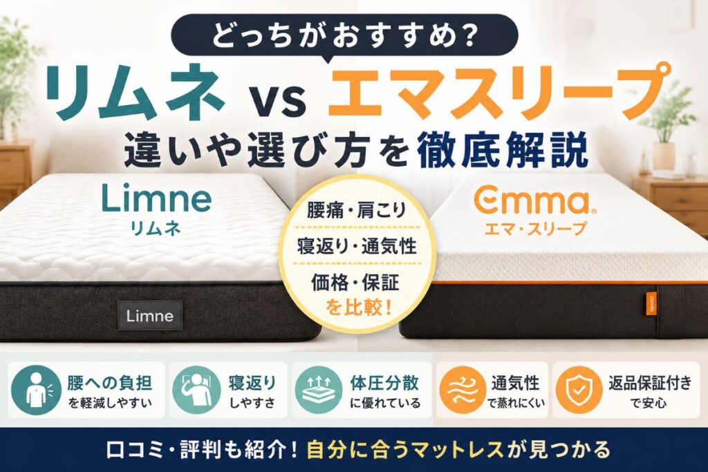 リムネとエマスリープを比較したマットレス比較画像｜寝心地・腰痛対策・寝返り・価格・返品保証の違いを解説