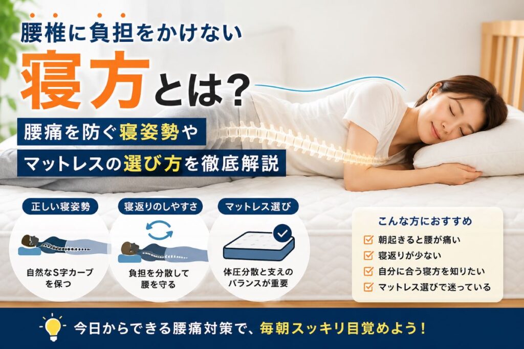 腰椎に負担をかけない寝方や腰痛対策におすすめのマットレスを解説するイメージ画像