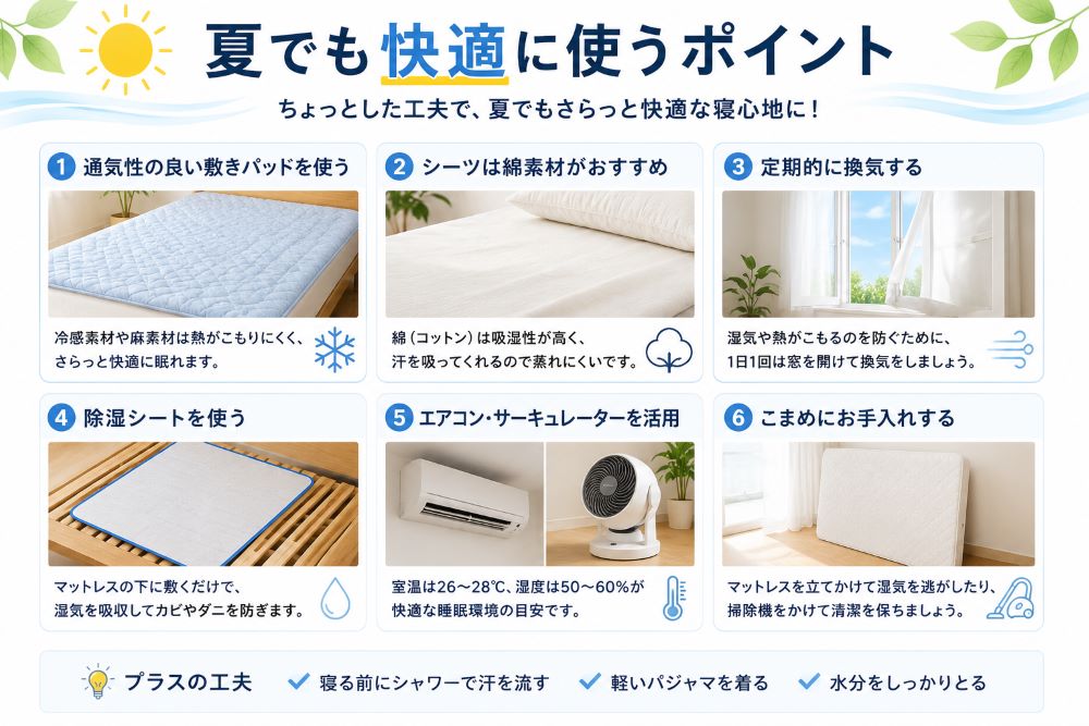 夏でも快適にマットレスを使うポイントを解説した画像|通気性・除湿・冷感寝具・換気など暑さ対策をわかりやすく紹介