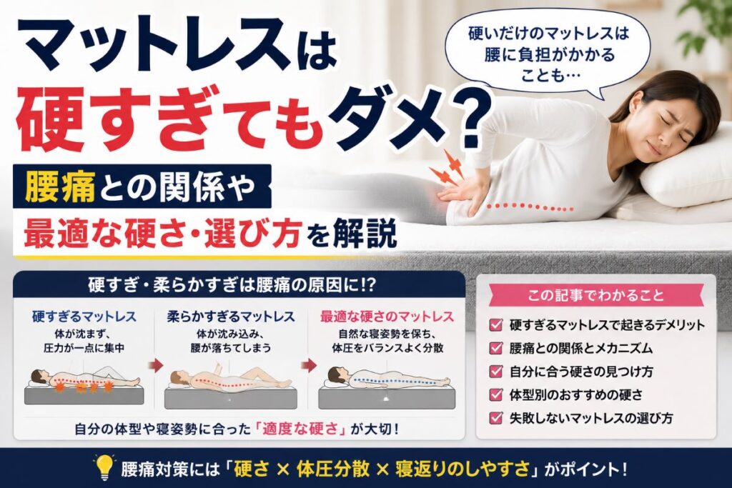 硬すぎるマットレスが腰痛に与える影響と適切な硬さを解説するイメージ