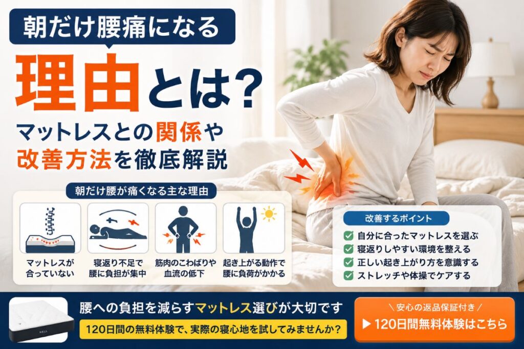 朝だけ腰が痛い原因やマットレスとの関係・改善方法を解説するアイキャッチ画像