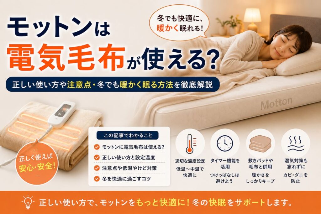 モットンは電気毛布が使えるのかを解説したアイキャッチ画像。冬の寝室で電気毛布を使いながら快適に眠る様子と、正しい使い方や注意点をイメージしたデザイン。