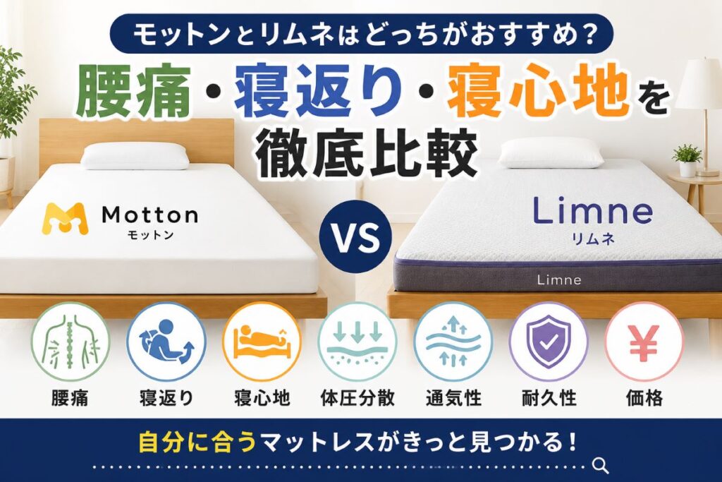 モットンとリムネを比較している様子｜腰痛・寝返り・寝心地の違いを解説