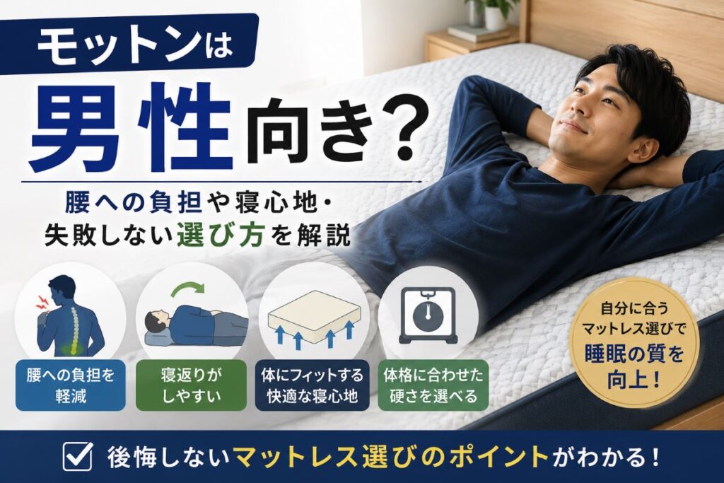 モットンは男性向き？腰への負担や寝心地・寝返りのしやすさを解説するイメージ