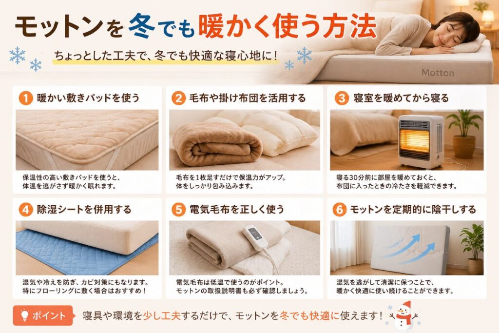 モットンを冬でも暖かく使う方法|敷きパッド・毛布・掛け布団を使った寒さ対策