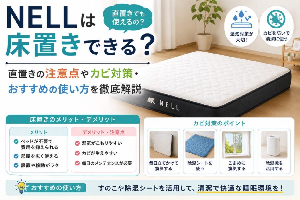 NELLマットレスは床置きできる？直置きの注意点やカビ対策を解説するアイキャッチ画像