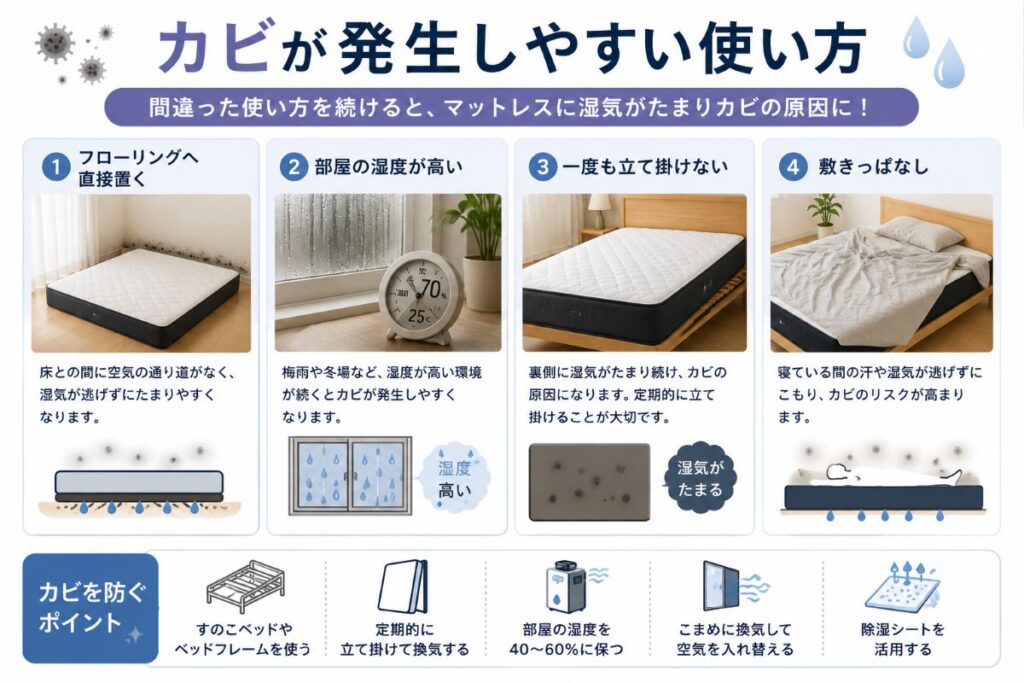 NELLマットレスでカビが発生しやすい使い方(床への直置き・湿気・換気不足)をイラストで解説