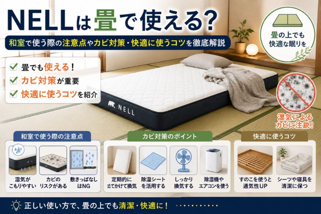 畳の上にNELLマットレスを敷いて快適に眠る様子と湿気対策をイメージしたイラスト