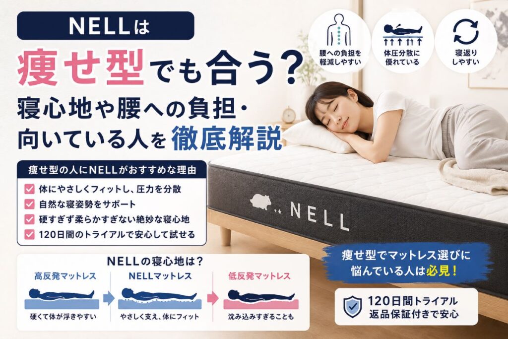 痩せ型の人がNELLマットレスで快適に眠る様子をイメージした、体圧分散や寝返りのしやすさを表現したアイキャッチ画像