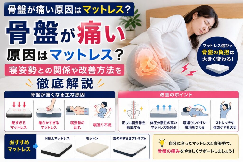 骨盤が痛い原因とマットレス・寝姿勢の関係や改善方法を解説したアイキャッチ画像