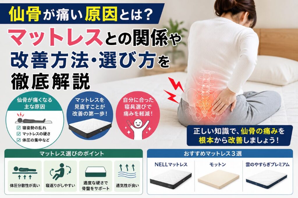 仙骨が痛い原因とマットレス・寝姿勢の関係を解説するイメージ