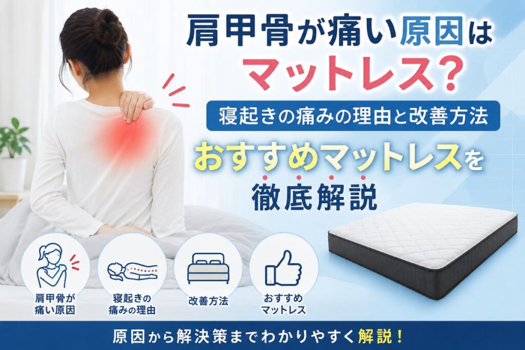 肩甲骨が痛い原因とマットレスの関係、寝姿勢や体圧分散による肩への負担をわかりやすく解説したイメージ画像