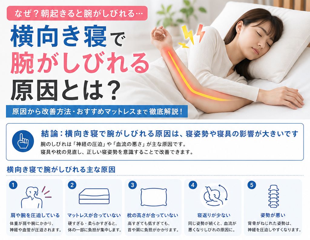 横向き寝で腕がしびれる原因や寝姿勢・マットレスとの関係、改善方法をわかりやすく解説したイメージ画像