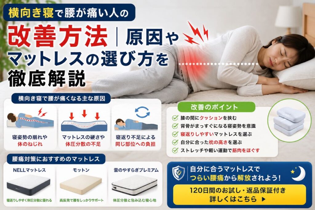 横向き寝で腰が痛い原因や改善方法とマットレスの選び方を解説するイメージ画像