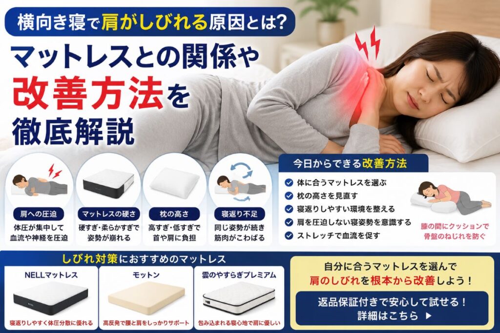 横向き寝で肩がしびれる原因やマットレスとの関係を解説するイメージ