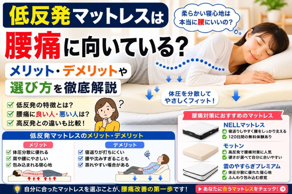 低反発マットレスは腰痛に向いている？メリット・デメリットや選び方を解説するアイキャッチ画像
