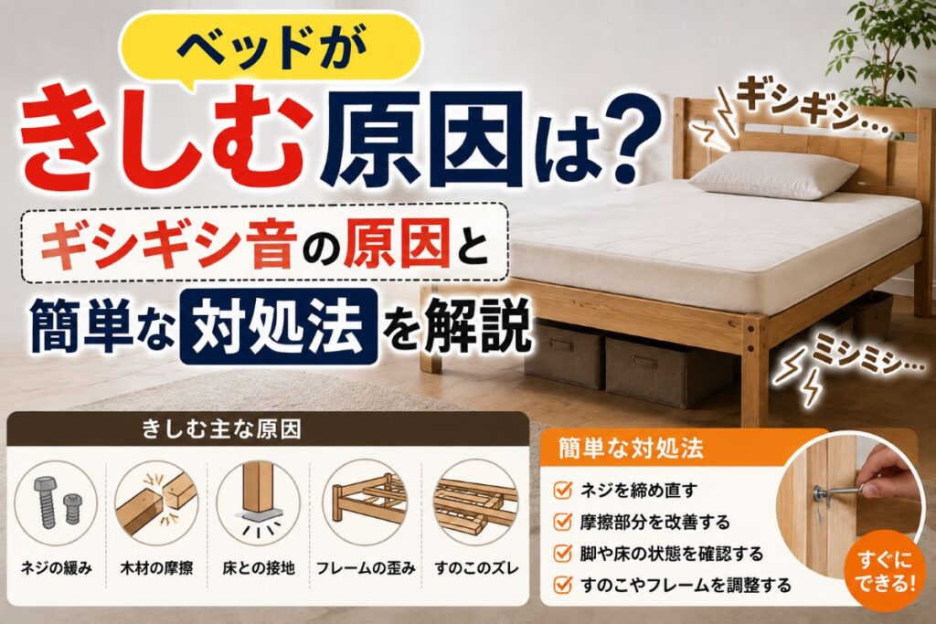 ベッドがきしむ原因とギシギシ音の対処法を解説するアイキャッチ画像