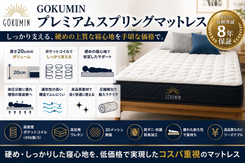 GOKUMINプレミアムスプリングマットレスの特徴を紹介する高反発ポケットコイルマットレス